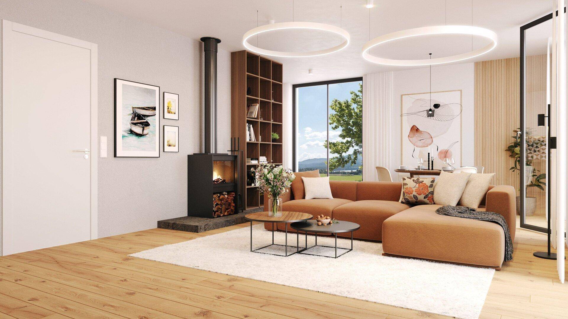 Gemütliches Wohnzimmer mit Kamin, Holzboden und modernen Deckenleuchten.