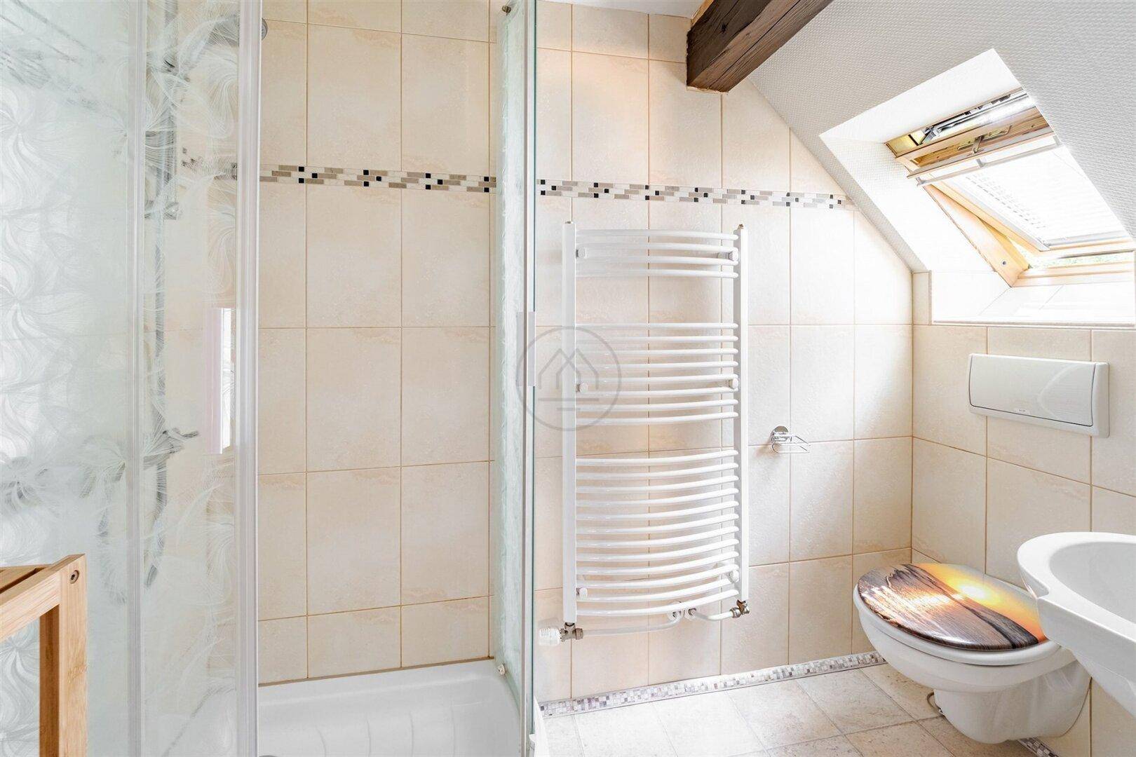 Helles Badezimmer mit Dusche, WC, Bidet und Dachfenster, ausgestattet mit einem Handtuchheizkörper.