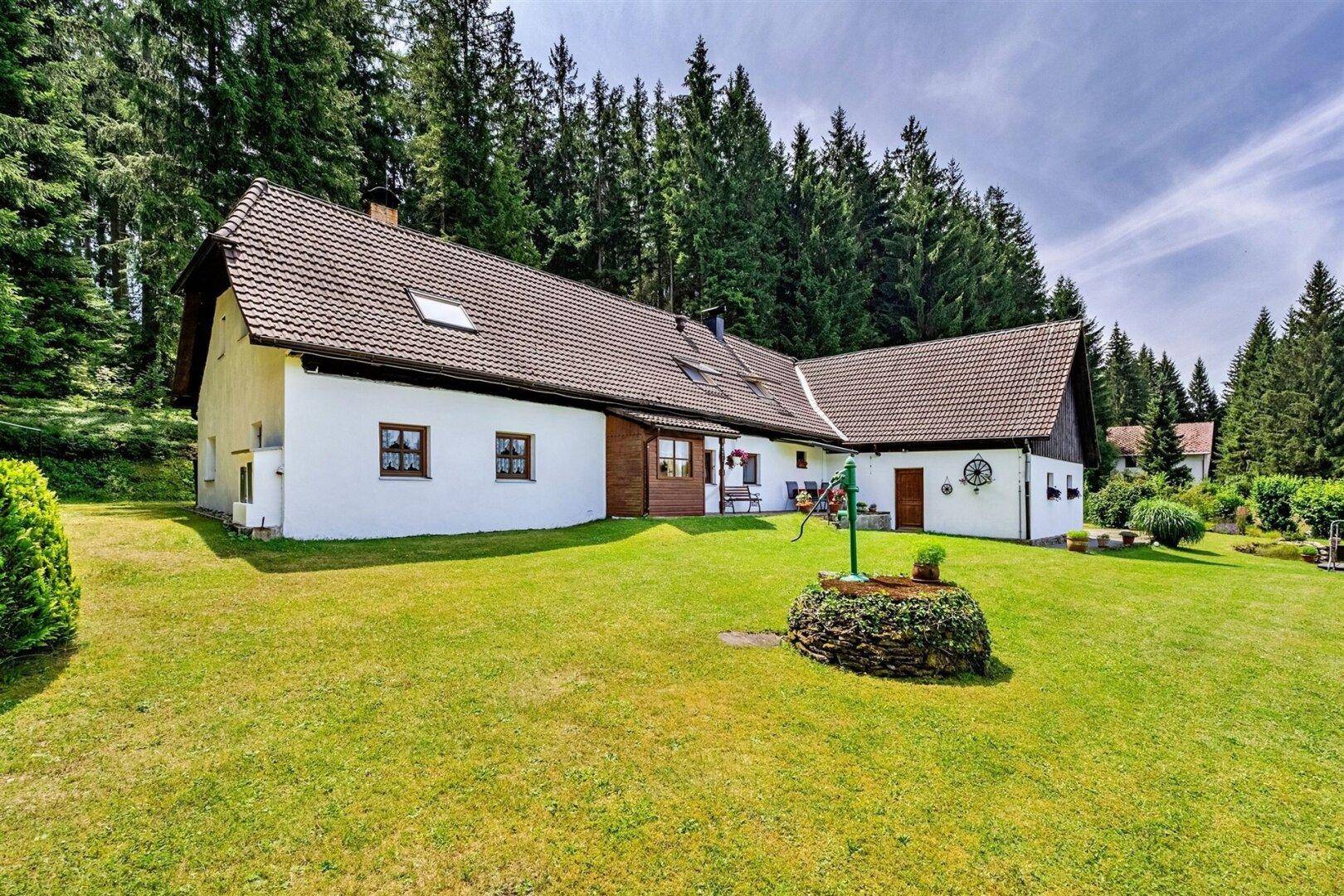 Rückseite des Landhauses mit weitläufigem Rasen und umgebendem Wald, ideal für Entspannung im Grünen.