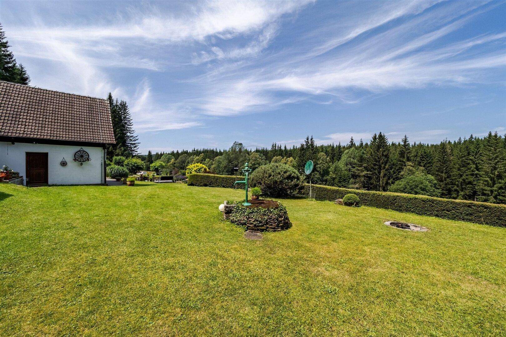 Großer Garten mit Rasenfläche, Haus, Wasserpumpe, Feuerstelle und Blick auf den Wald.