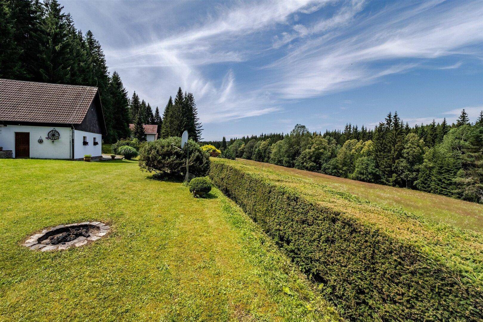 Weitläufiger Garten mit Rasen, Feuerstelle und einer langen Hecke, die zum Wald führt.