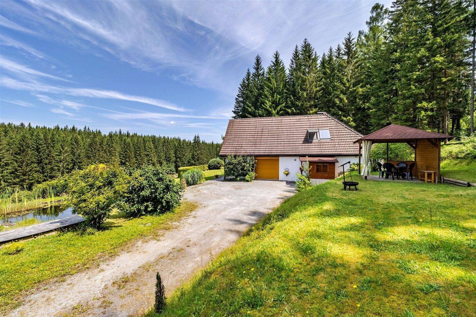 Landhaus mit Zufahrt, Teich und Pavillon, eingebettet in eine grüne Waldlandschaft.