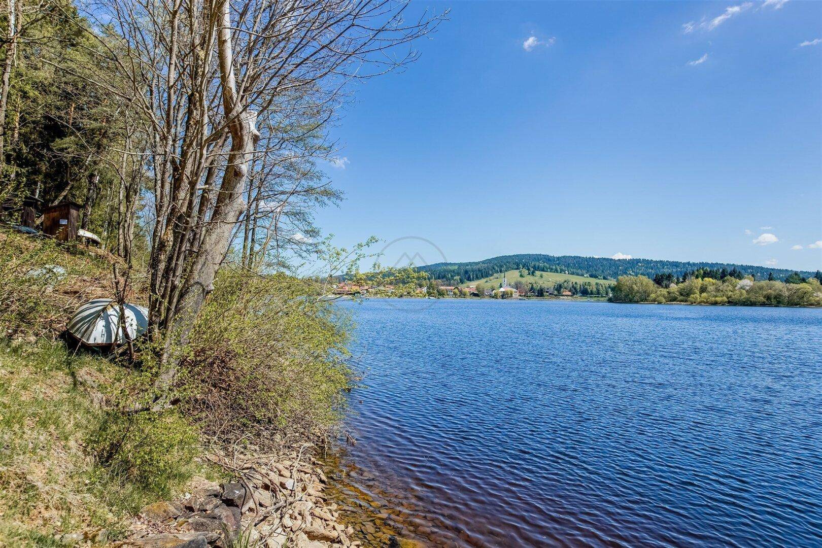 Idyllisches Seeufer mit Bäumen und Felsen, das Wasser spiegelt den blauen Himmel wider.