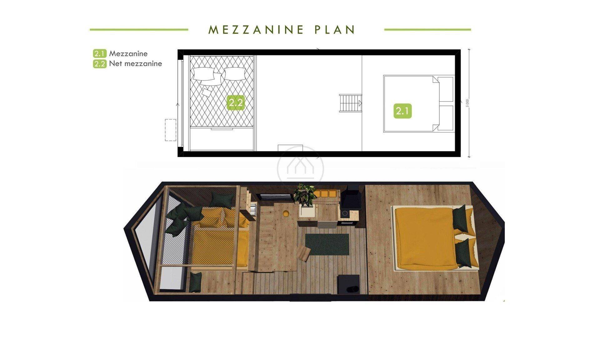 Grundriss und 3D-Ansicht des Zwischengeschosses mit zusätzlichem Schlafbereich.