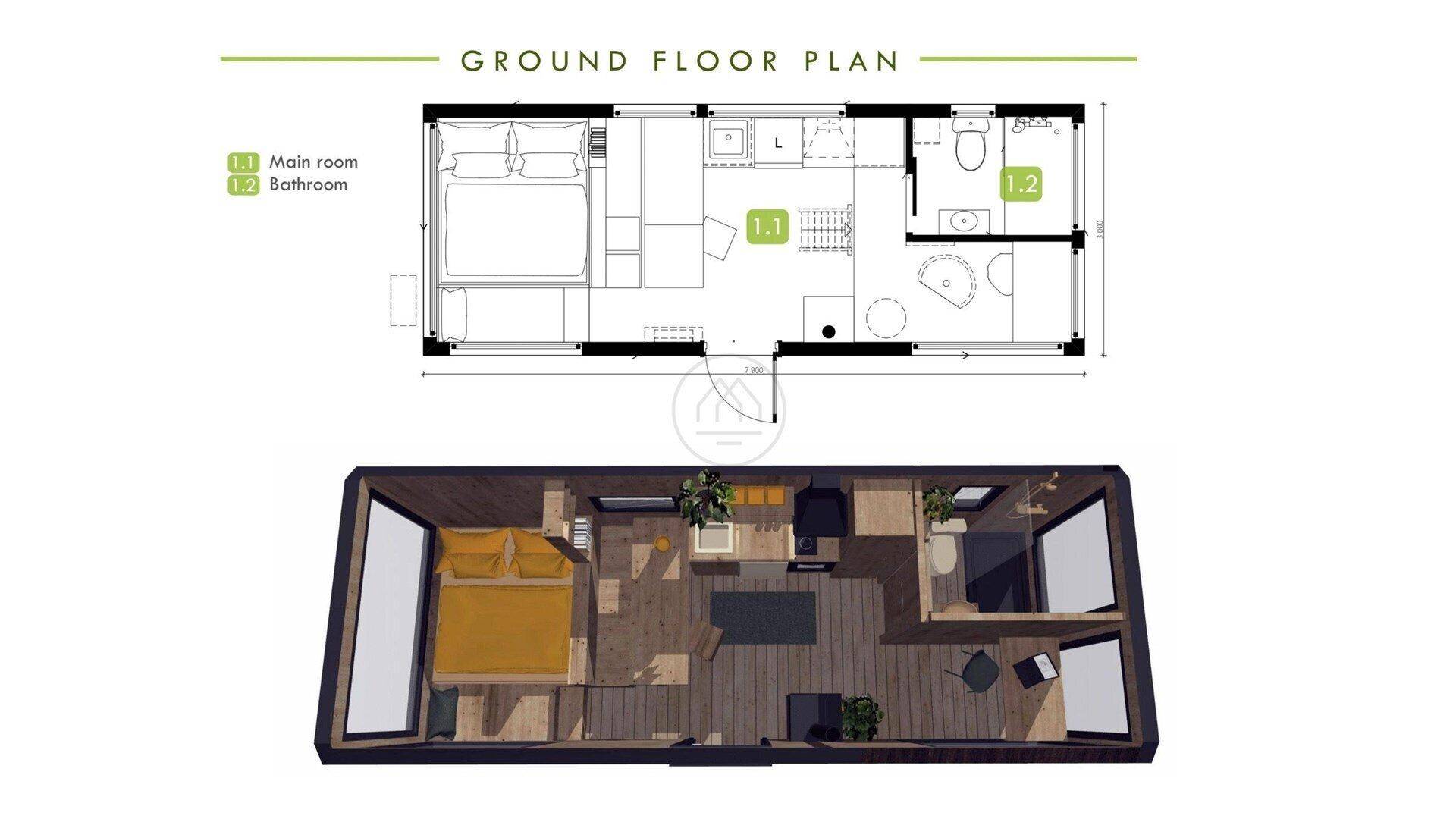 Grundriss und 3D-Ansicht des Erdgeschosses mit Schlafzimmer und Bad.