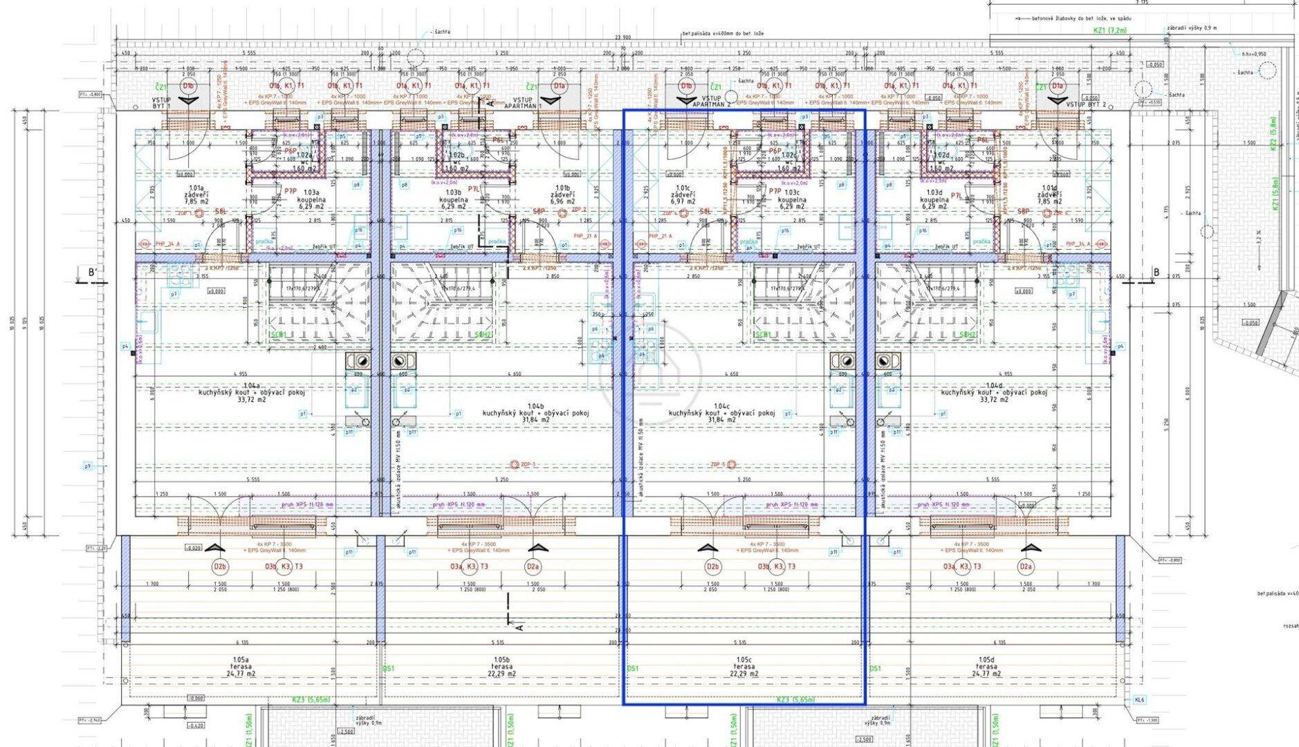 Detaillierter Grundrissplan eines mehrstöckigen Gebäudes mit verschiedenen Wohneinheiten.