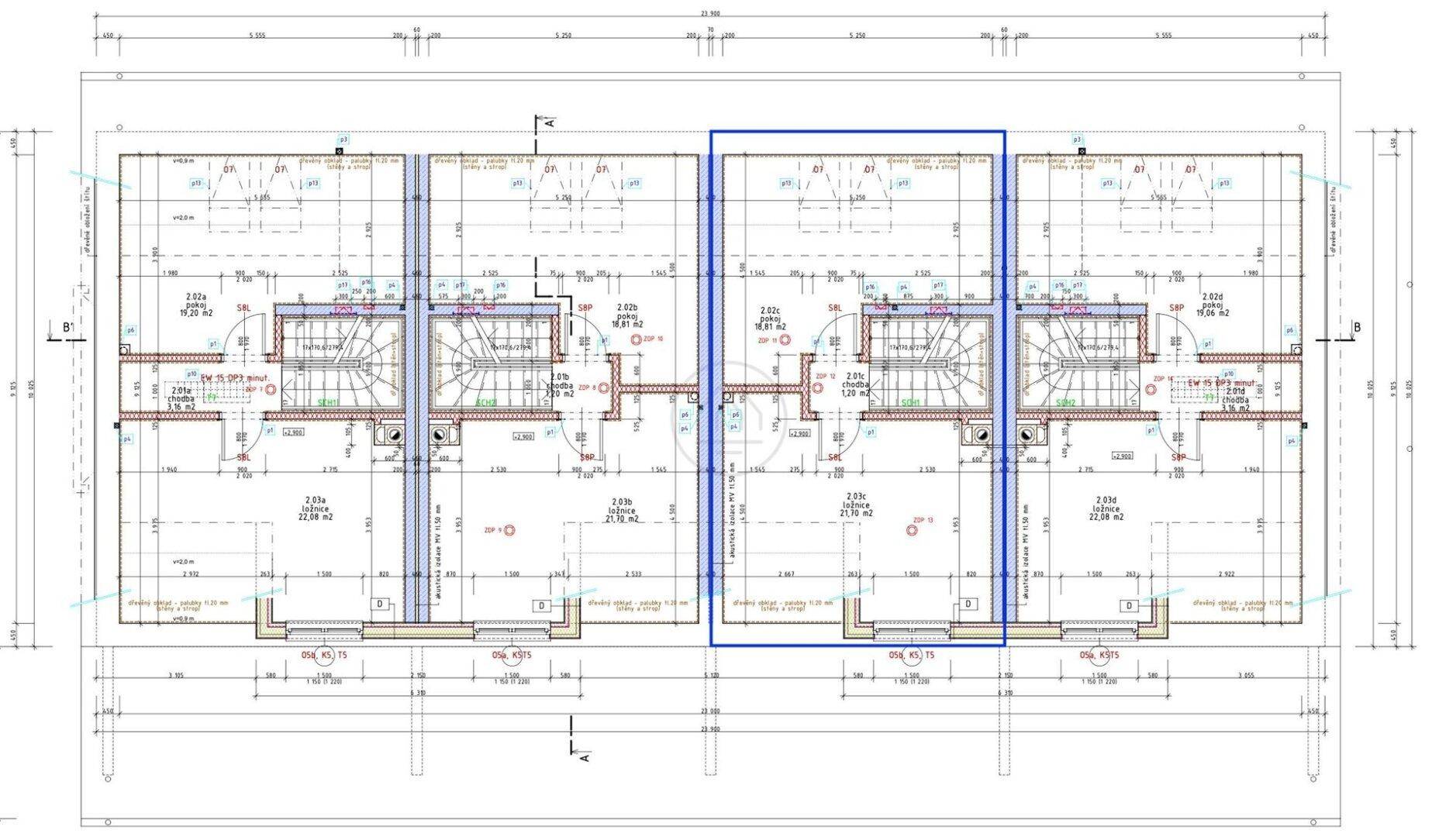 Grundrissplan eines Gebäudegeschosses mit mehreren Wohneinheiten und Treppenhäusern.