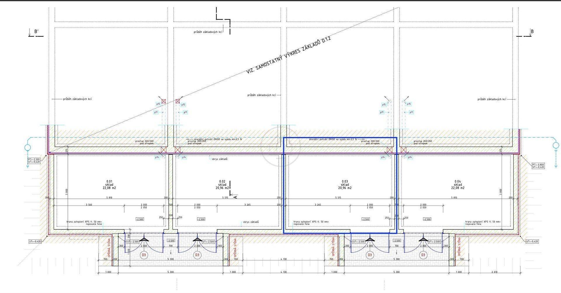 Grundrissplan des Kellergeschosses oder Fundaments mit technischen Details.