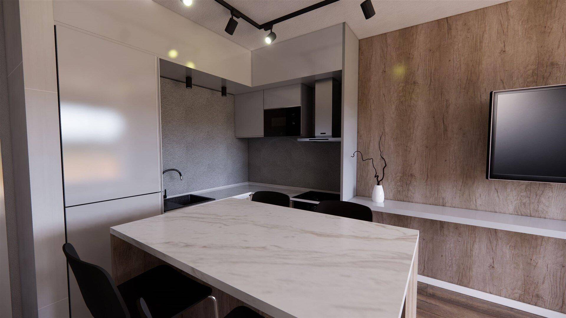Moderne Einbauküche mit Kücheninsel, integrierten Geräten und einem Wandfernseher im Hintergrund.