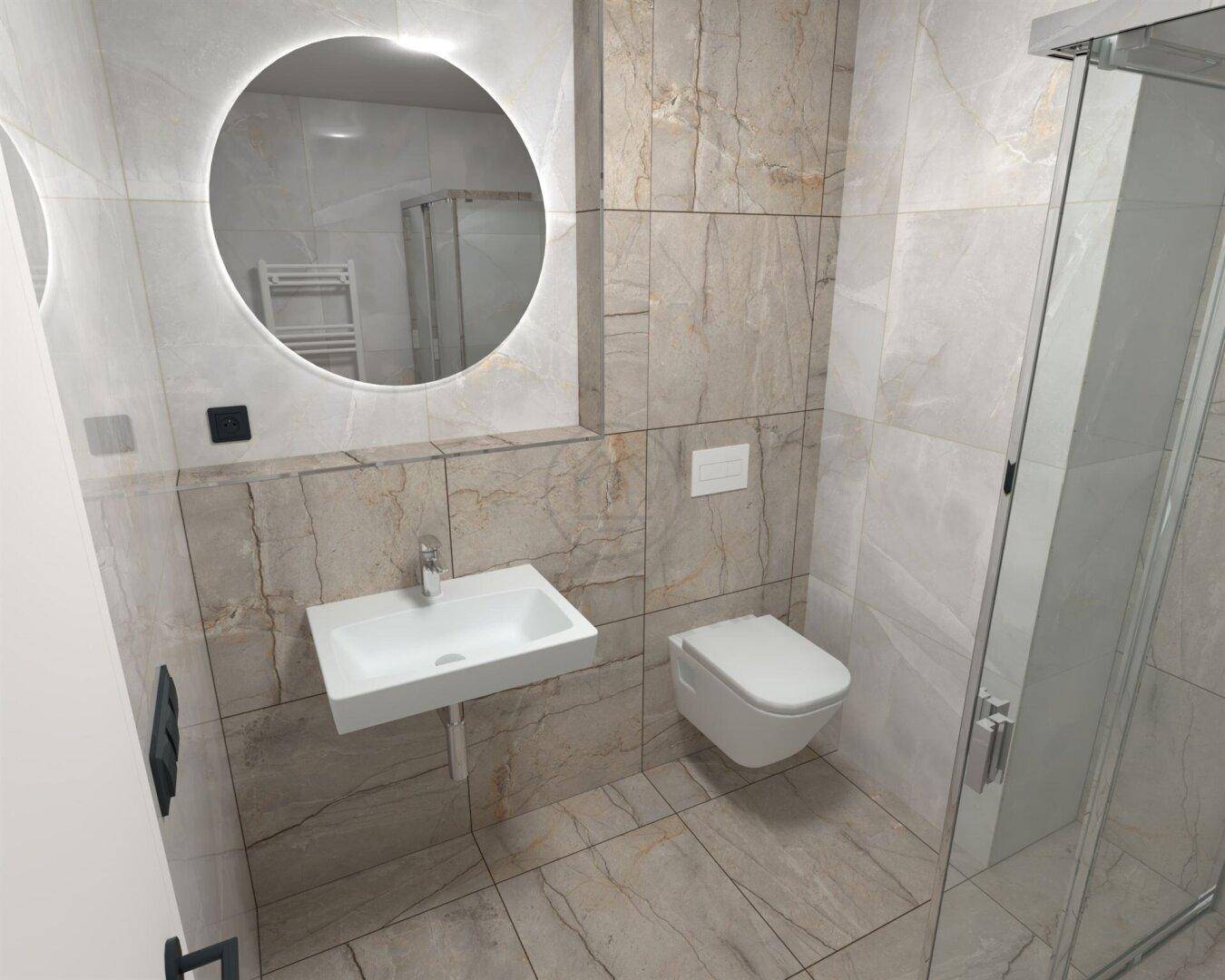 Modernes Badezimmer mit wandhängendem Waschbecken, WC und einem runden, beleuchteten Spiegel.