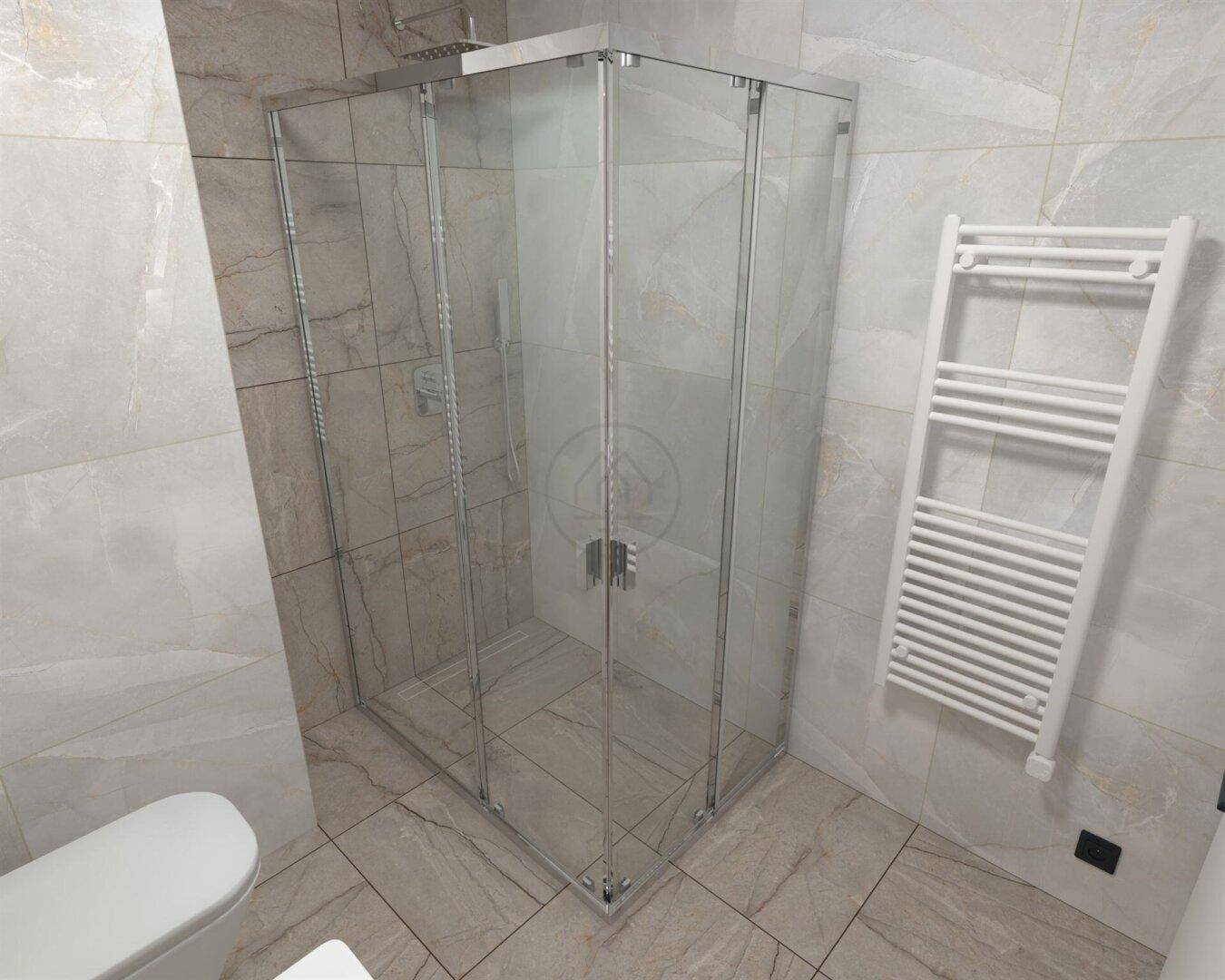 Modernes Badezimmer mit Glasduschkabine, eleganten Fliesen und einem praktischen Handtuchheizkörper.