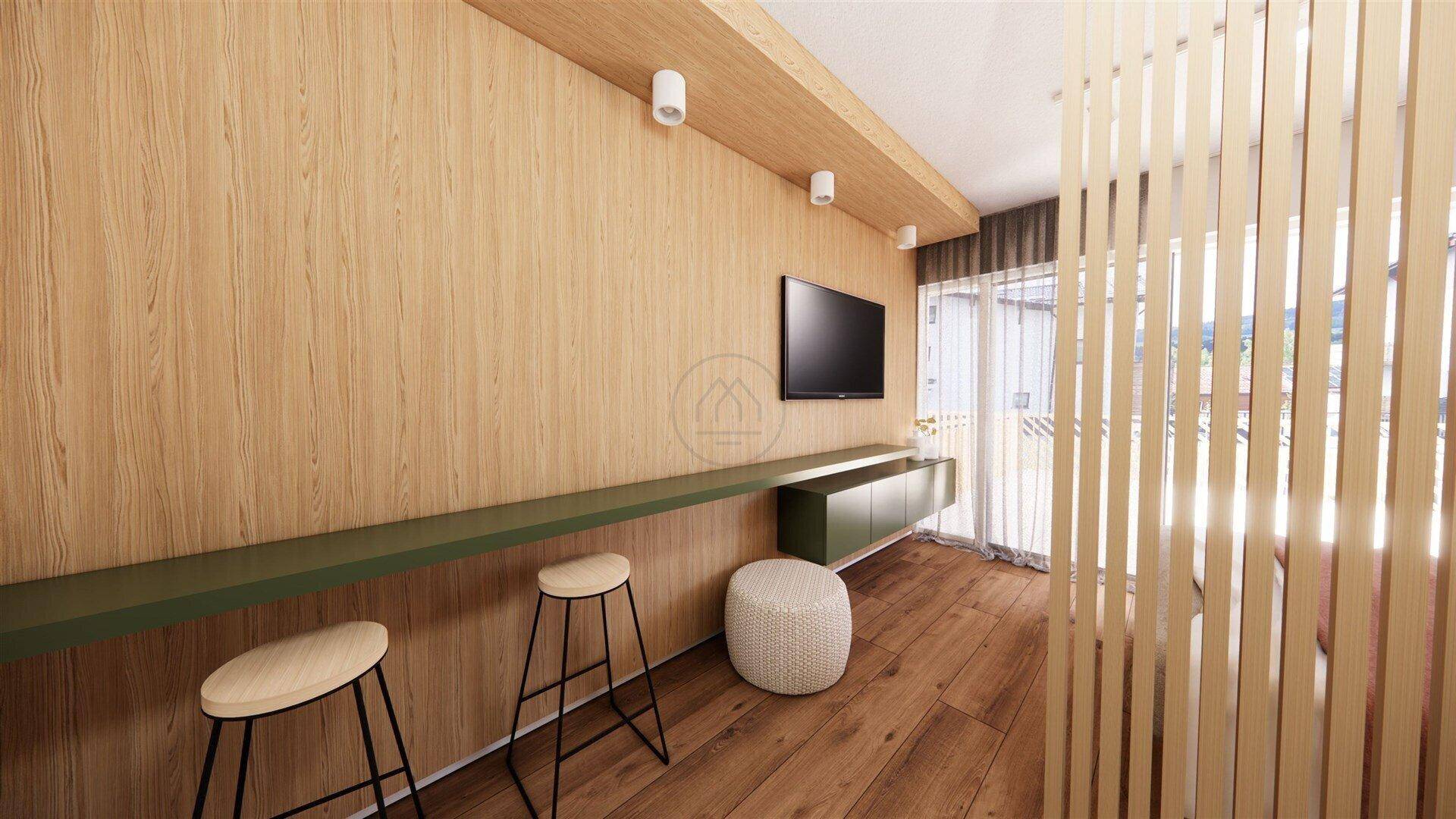Moderner Wohnbereich mit Holzwänden, Bartresen und Fernseher, offen gestaltet.