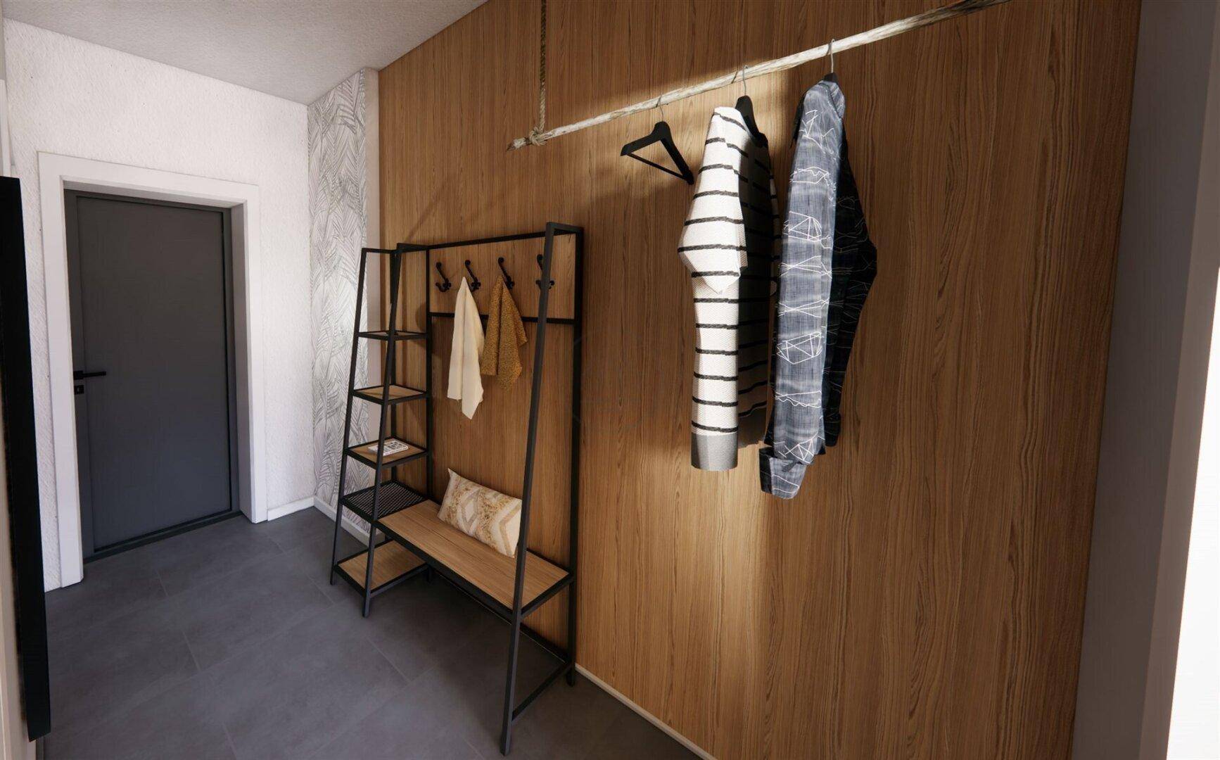 Eingangsbereich mit Holzwand, Garderobe und dunklem Fliesenboden.