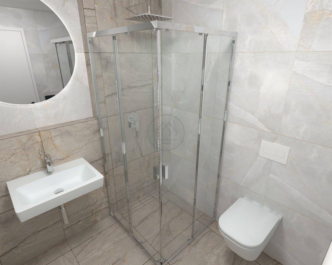 Elegantes Badezimmer mit Duschkabine, Wand-WC und modernem Waschtisch.