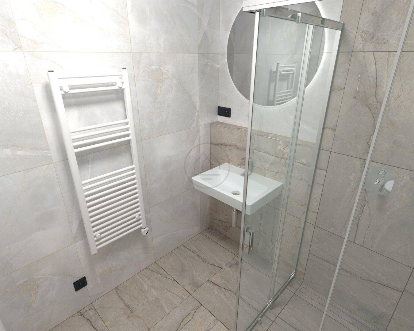 Modernes Badezimmer mit hellen Fliesen, Duschkabine und beheiztem Handtuchhalter.