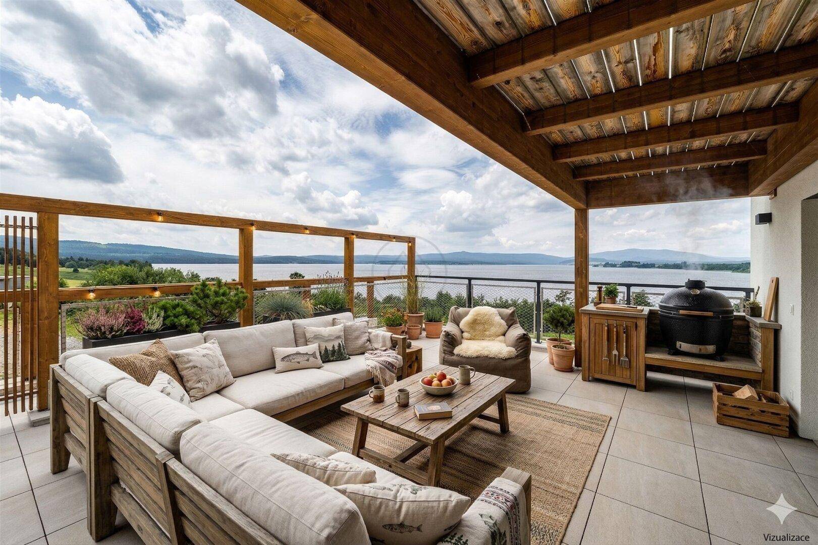 Möblierte überdachte Terrasse mit Lounge-Bereich, Grill und Seeblick.