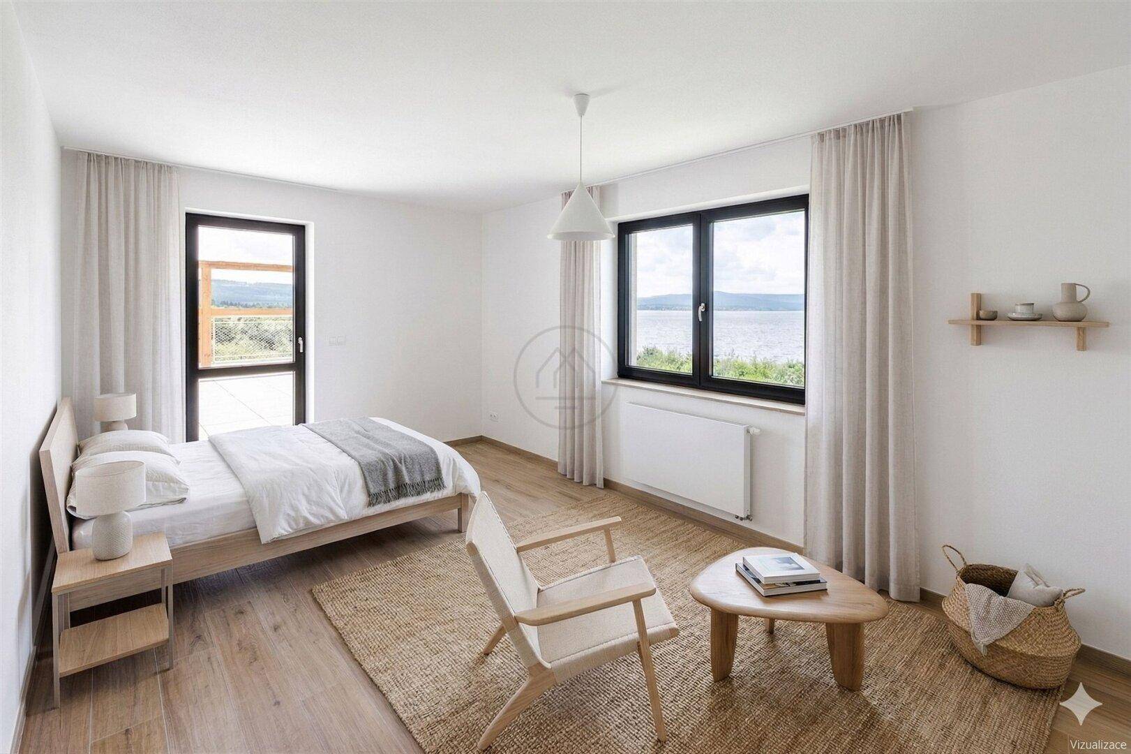 Gemütliches Schlafzimmer mit Seeblick, Holzboden und Zugang zur Terrasse.