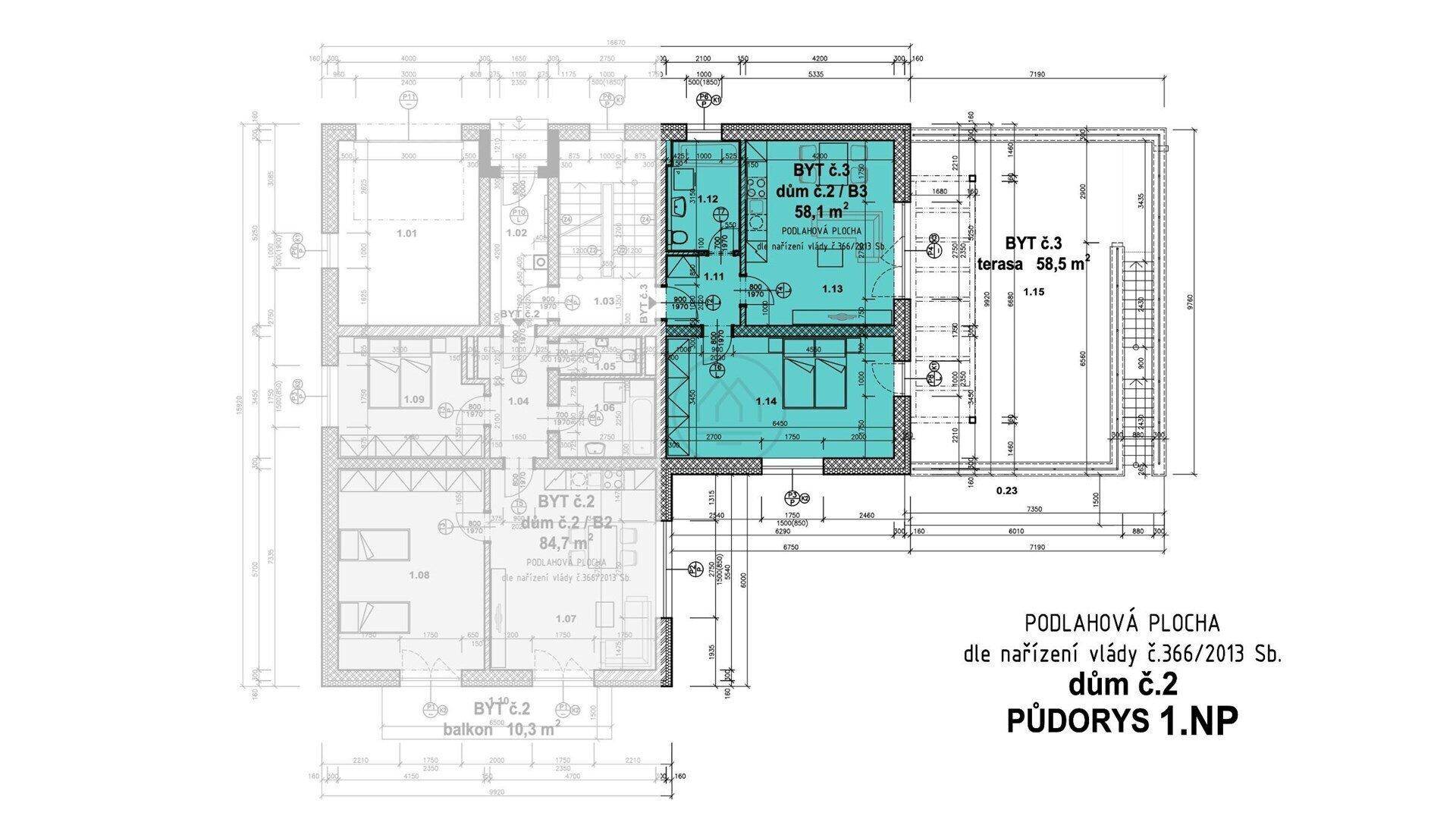 Grundriss des ersten Obergeschosses mit Wohnbereich und Terrasse von 58,5 m².