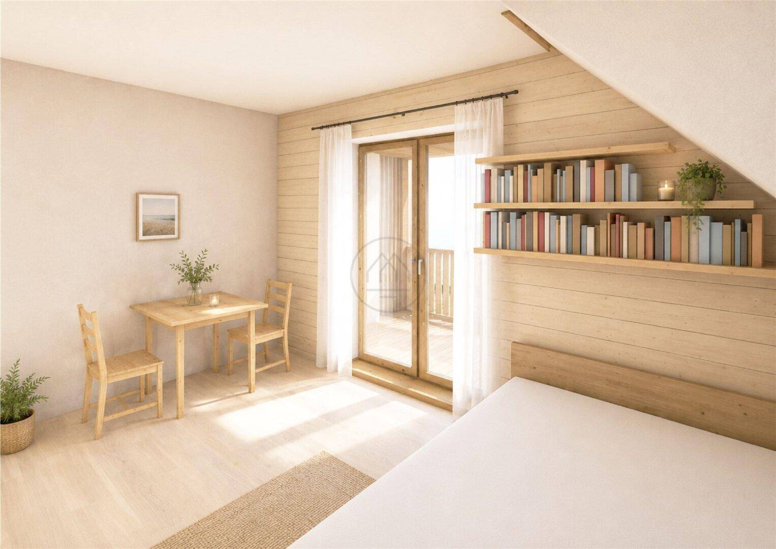 Helles Schlafzimmer mit Holzwänden, Bücherregal und Zugang zu einem kleinen Balkon.