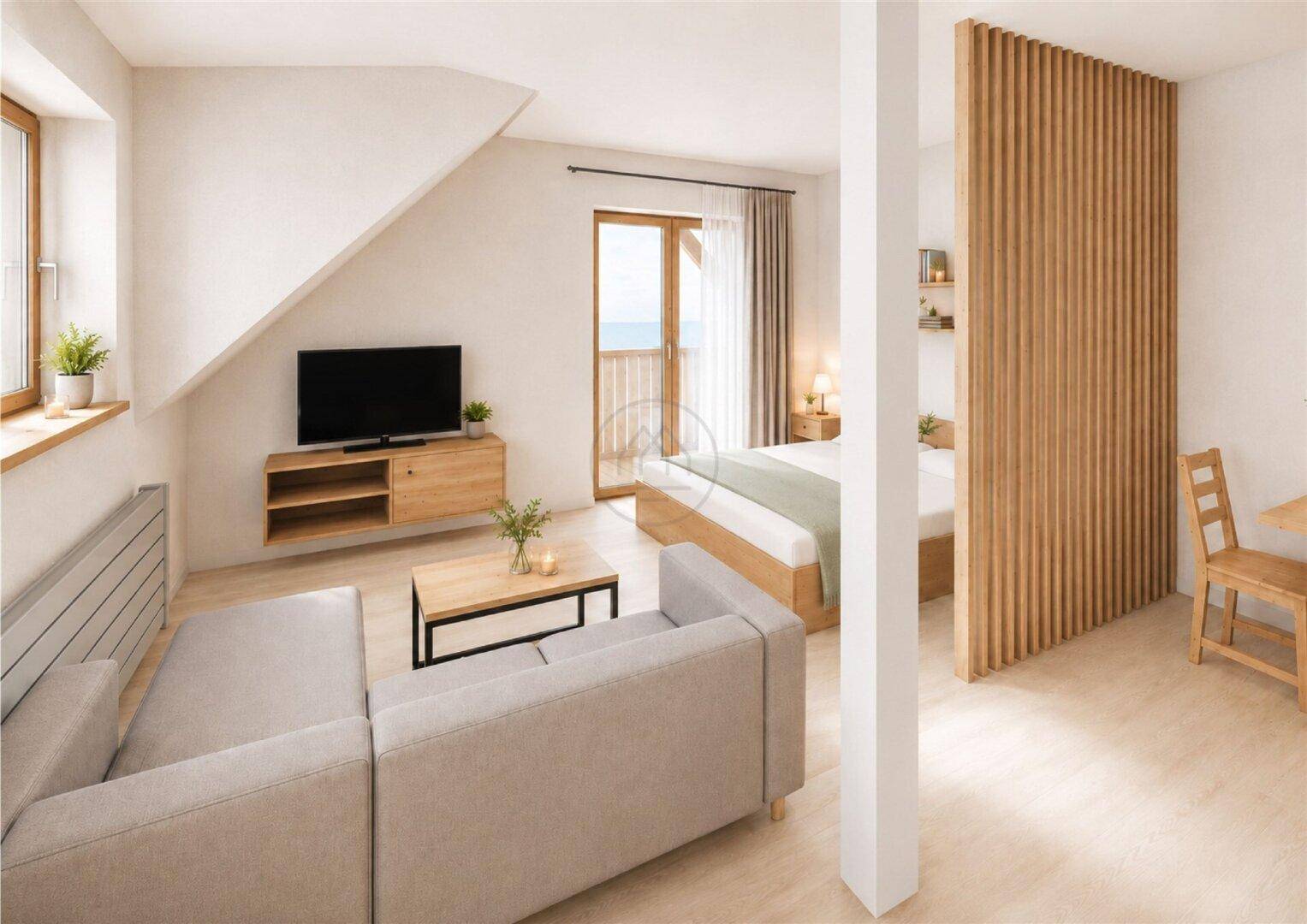Helles Studio-Apartment mit Wohnbereich, Schlafbereich und Zugang zum Balkon.