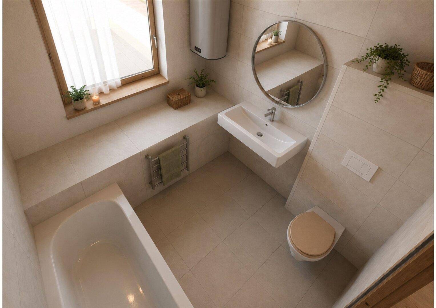 Modernes Badezimmer mit Badewanne, Waschbecken, WC und Fenster für Tageslicht.
