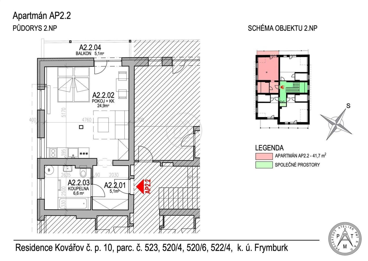 Grundriss des Apartments AP2.2 im 2. Obergeschoss mit Balkon und Raumaufteilung.