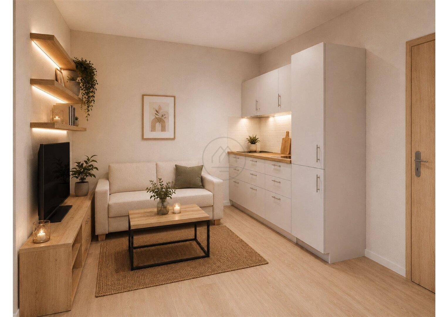 Heller Wohnbereich mit integrierter Küchenzeile, modernem Sofa und Holzfußboden.
