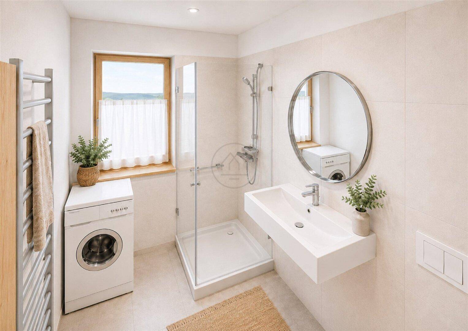 Modernes Badezimmer mit Duschkabine, Waschbecken, Waschmaschine und Fenster.
