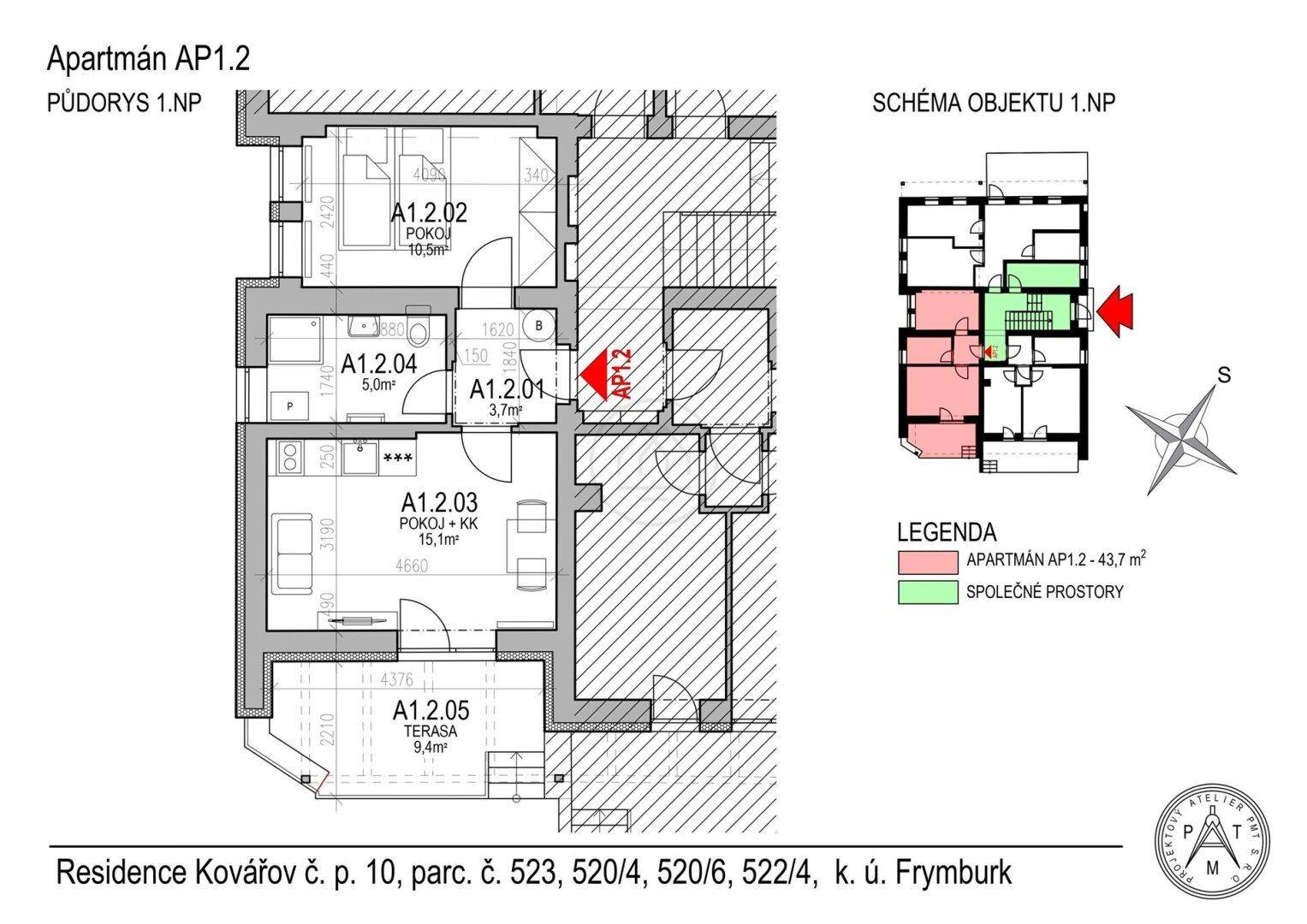 Grundriss des Apartments AP1.2 mit Zimmern, Küche und Terrasse auf 43,7 m².