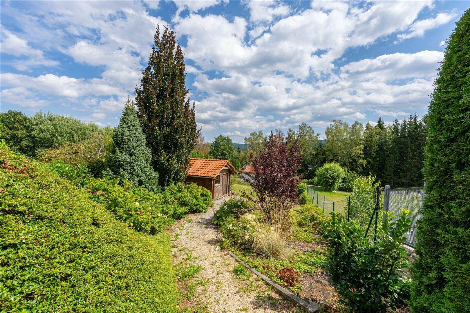 Weitläufiger Garten mit verschiedenen Bäumen, Sträuchern und einem kleinen Holzschuppen unter blauem Himmel.