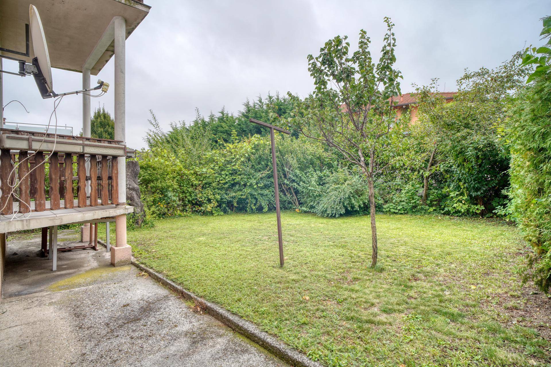 Grüner Gartenbereich mit Rasenfläche und jungen Bäumen, ideal zum Entspannen im Freien.