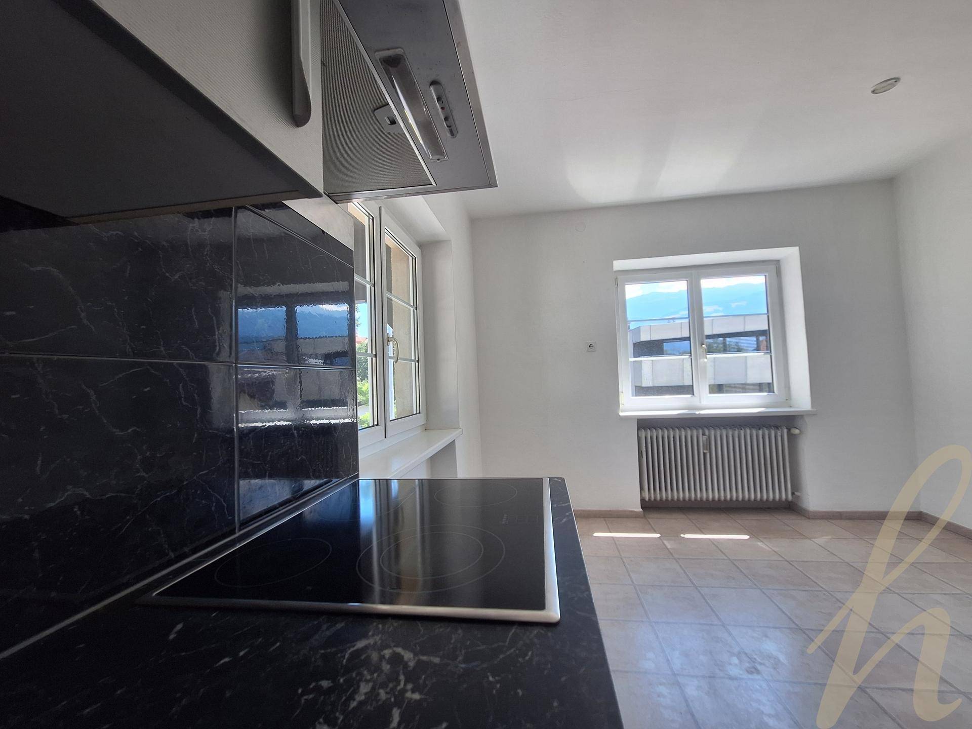Küchenzeile mit Induktionskochfeld, dunkler Arbeitsplatte und Fenster mit Bergblick.
