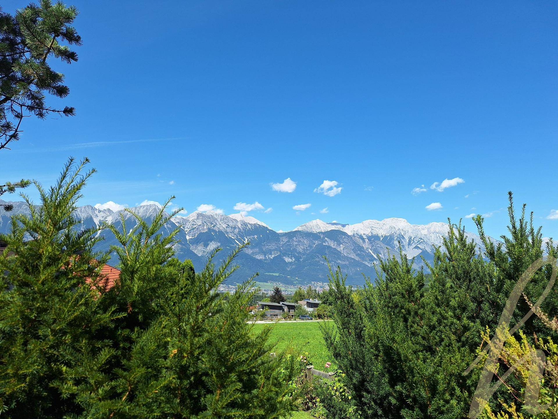 Panoramablick auf schneebedeckte Berge über grünen Bäumen und Feldern unter blauem Himmel.
