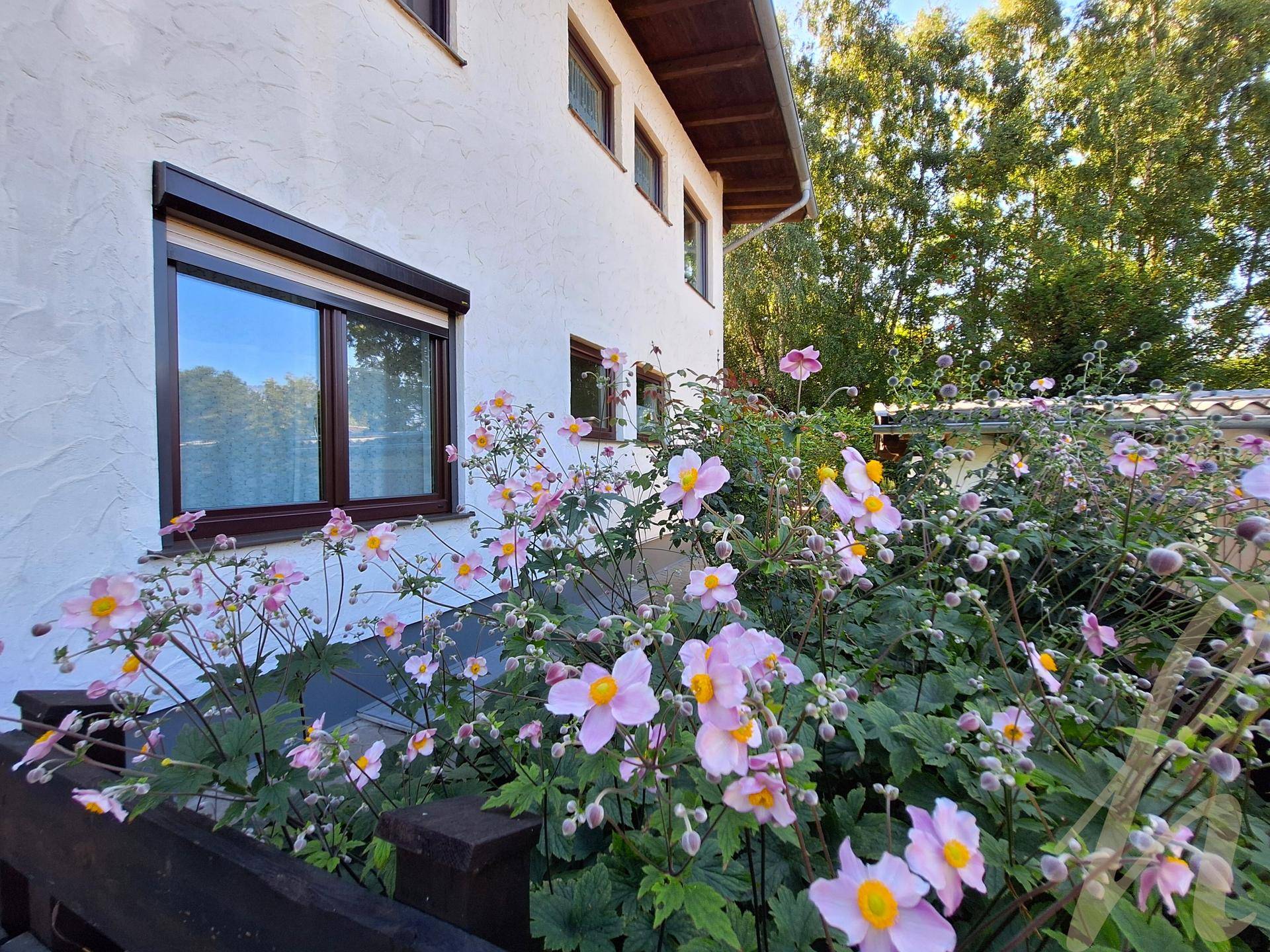 Hausfassade mit geschlossenen Rollläden und blühenden rosa Blumen im Vorgarten.