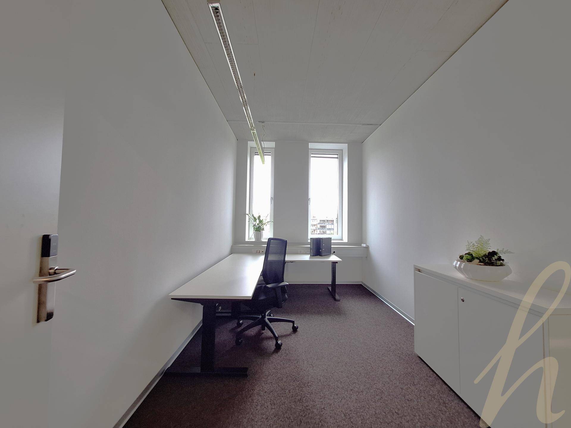 Helles Einzelbüro mit Teppichboden, langem Schreibtisch und hohen Fenstern für viel Tageslicht.