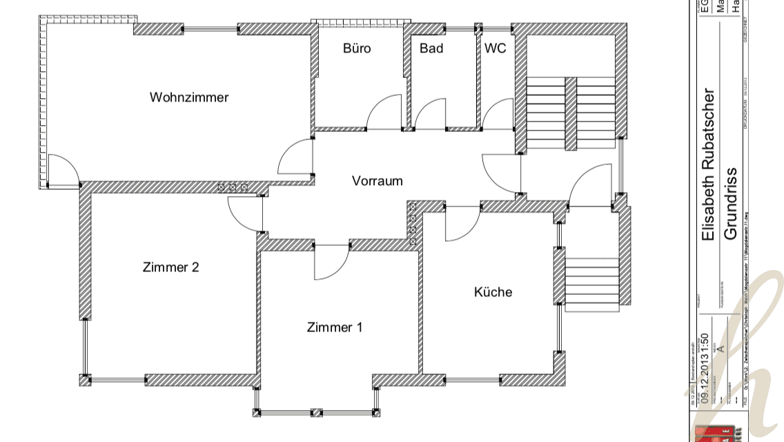 Grundriss des Erdgeschosses mit Wohnzimmer, zwei weiteren Zimmern, Küche, Bad und WC.