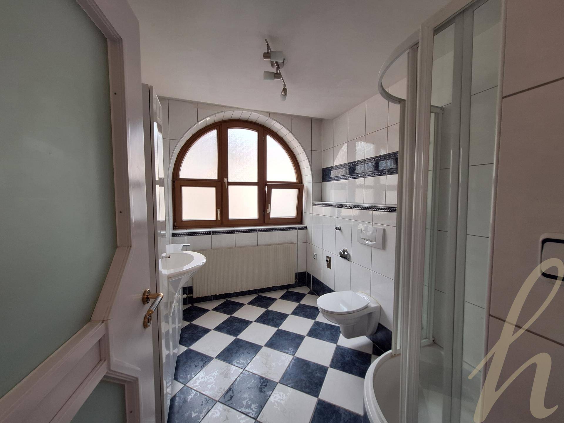 Helles Badezimmer mit Dusche, WC und einem markanten Rundbogenfenster, das für viel Tageslicht sorgt.