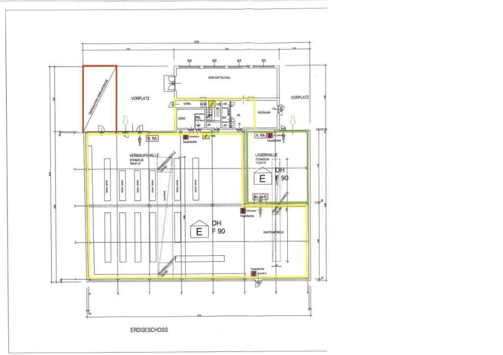 Grundriss des Erdgeschosses mit Verkaufs- und Lagerhallen sowie Bürobereichen.