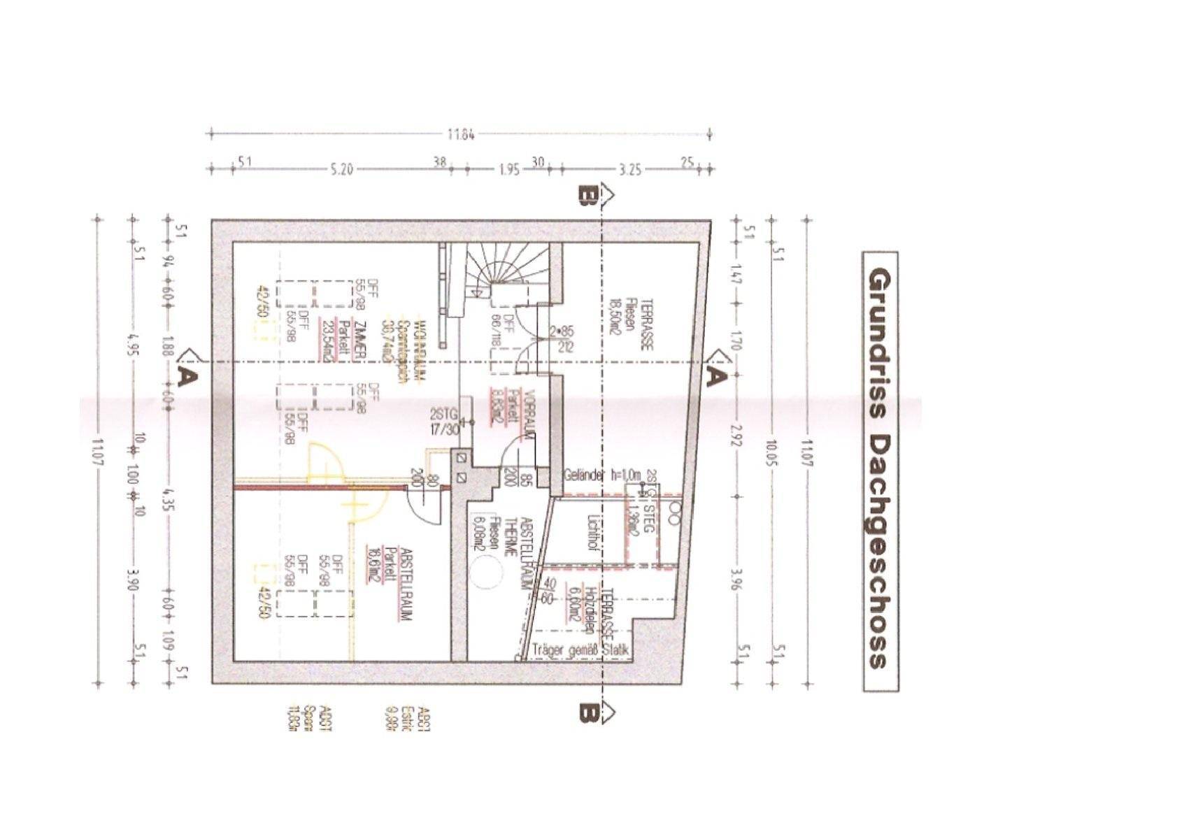 Grundriss des Dachgeschosses mit Wohnraum, Terrasse und Abstellraum, inklusive Maßen.