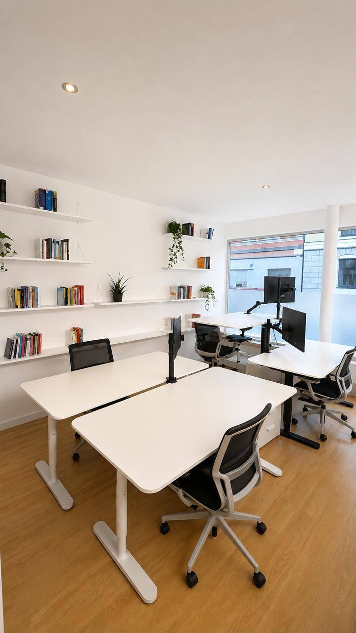 Helles und modernes Büro mit mehreren Arbeitsplätzen, Wandregalen und Blick auf die Umgebung.