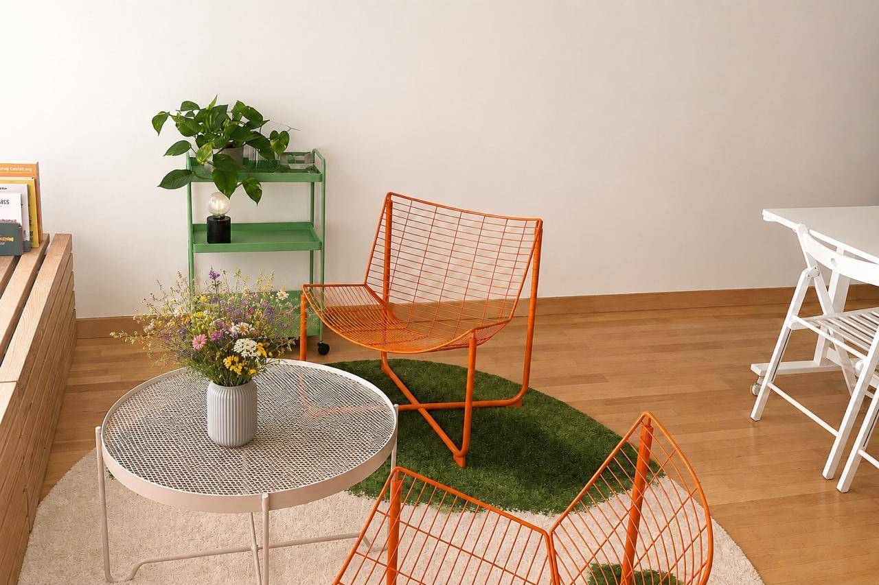 Gemütlicher Loungebereich in einem modernen Büro mit orangefarbenen Drahtstühlen und Pflanzen.