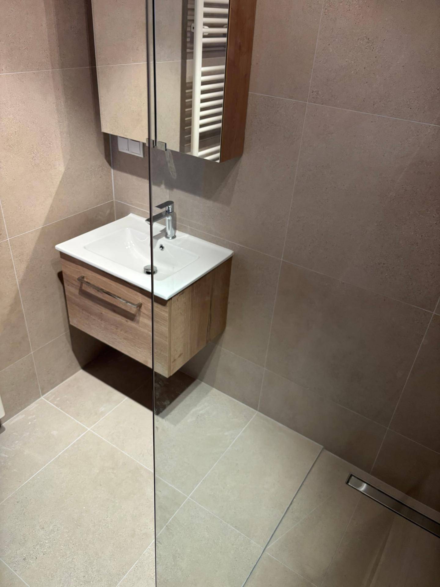 Modernes Badezimmer mit Einzelwaschbecken, Spiegelschrank und begehbarer Dusche.