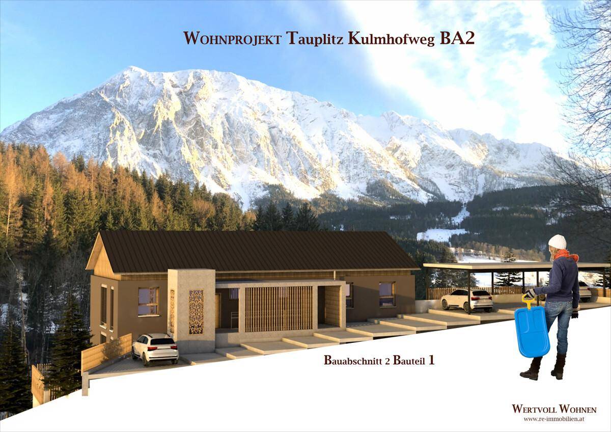 Winterliche Visualisierung eines Wohngebäudes mit Carport und beeindruckendem Bergpanorama.