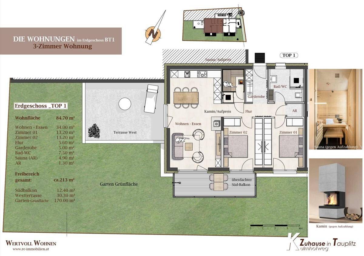 Grundriss einer 3-Zimmer-Wohnung mit Terrasse, Garten und integrierter Sauna.