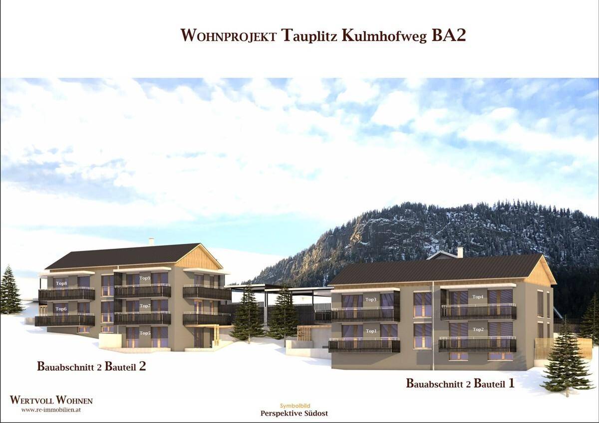 Winterliche Visualisierung der Wohngebäude in den Bergen mit verschneiter Landschaft.