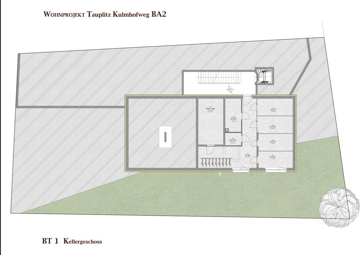 Grundriss des Kellergeschosses zeigt Abstellräume, Technikbereiche und Zugang zum Lift.