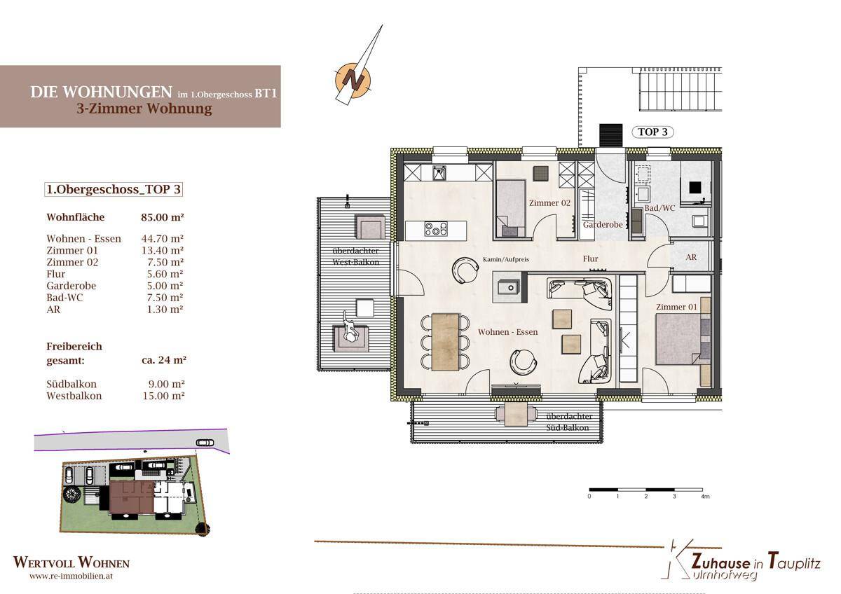 Detaillierter Grundriss einer 3-Zimmer-Wohnung im Obergeschoss mit Balkonen.