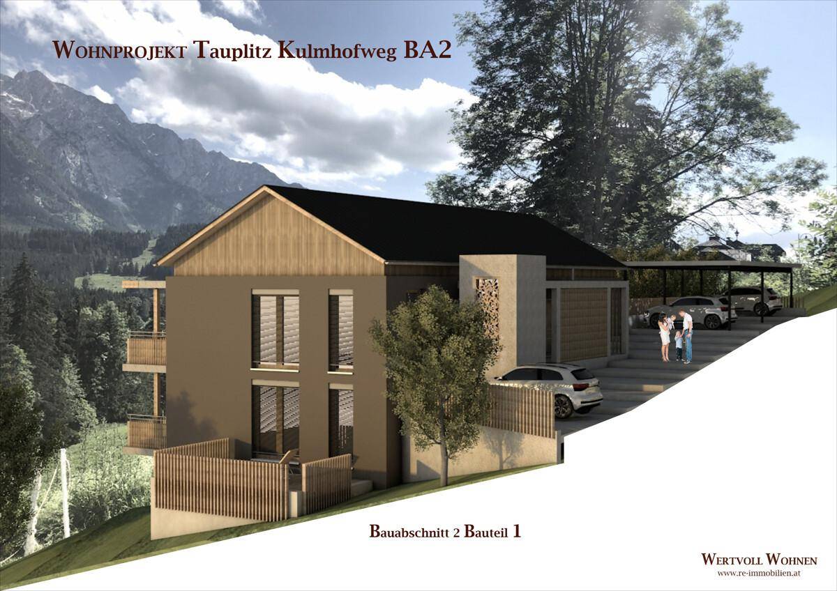 Visualisierung eines modernen Wohngebäudes mit Holzfassade und Carport in alpiner Umgebung.