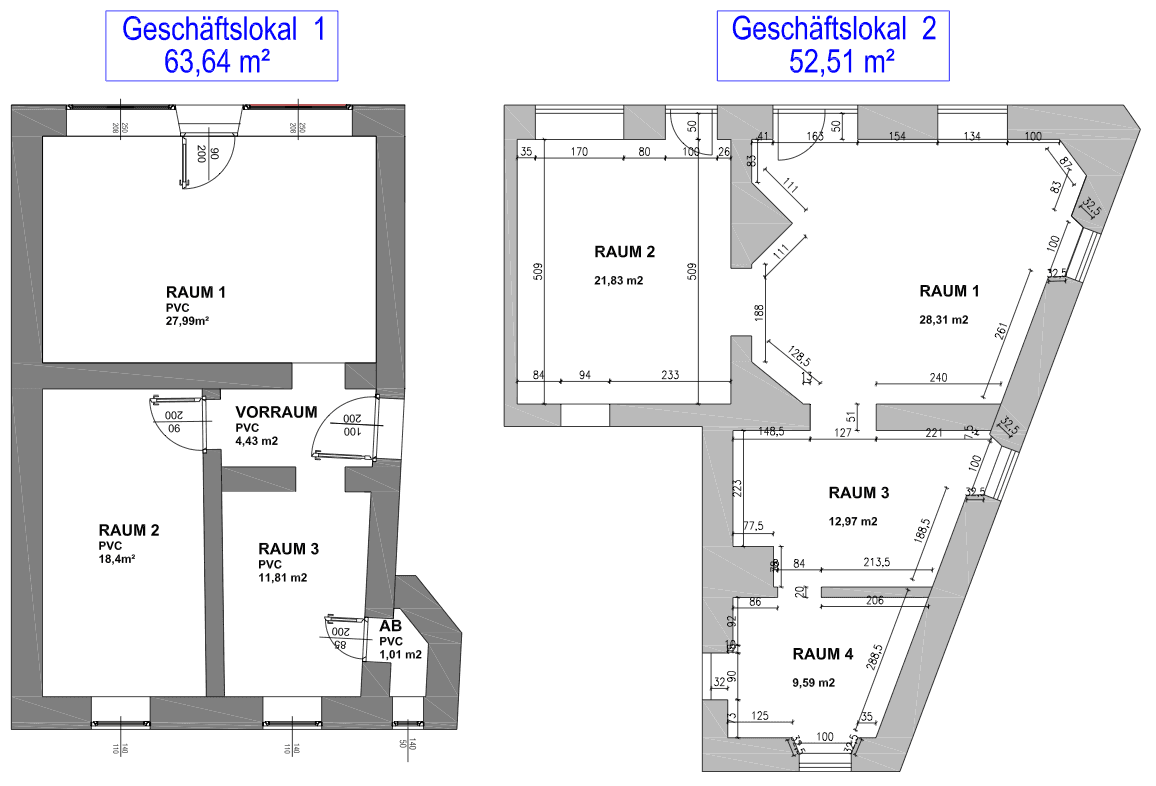 Grundriss für zwei Gewerbelokale mit detaillierten Raumaufteilungen und Flächenangaben.