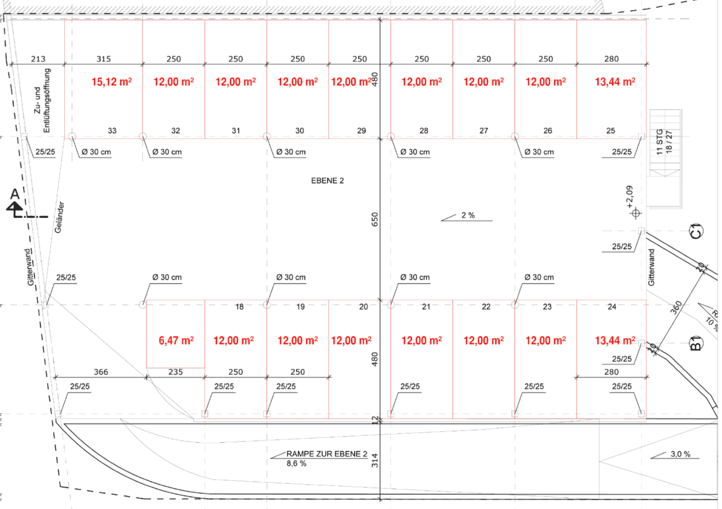Detaillierter Grundriss der Parkebene 2 mit zahlreichen Parkplätzen und Rampenzugang.